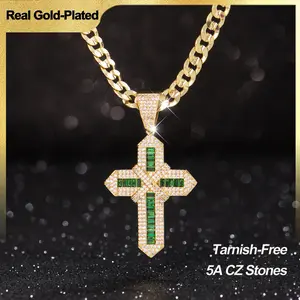 Holylegend 14K Real Gold Plated Multicolor & Green Cross Necklace for Women and Men, Tarnish-Free Iced Out Pendant with 5A CZ, Cuban and Rope Chain, Hip Hop Bling Jewelry Gift