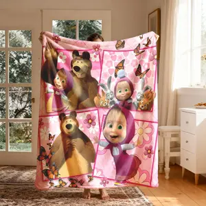 Masha and Bear Cartoon Patchwork Flannel Blanket, Large Size, Soft Lightweight Warm, Perfect for Bed Sofa Office Camping Travel Gift, Cartoon Pattern Blanket
