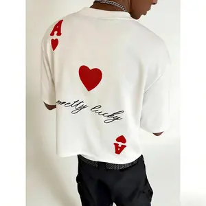 Men's "Pretty Lucky" Ace of Hearts Graphic T-Shirt Casual Streetwear Tee White Short Sleeve Top with Letter Print Design Round Neckline Regular Fit for Daily Wear funny deo merch