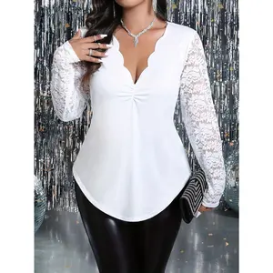 Plus Size Women's Elegant Lace Wave V Long Sleeve T-Shirt