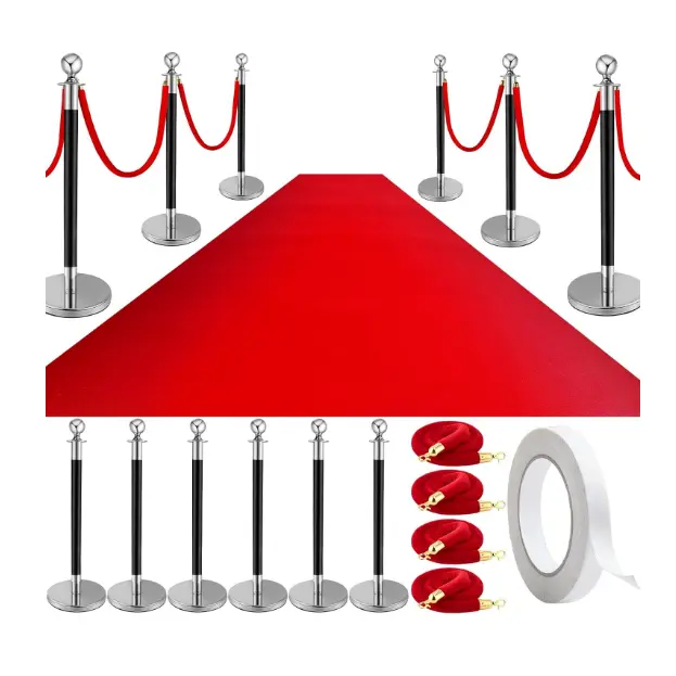 Durable Retractable Metal Silver 6-Pcs Rust-Resistant Stainless Steel Stanchion Post Set, 5ft Red Velvet Ropes, 26ft Red Carpet - Easy-Install Crowd Control Barrier Kit for Wedding, Party Supplies