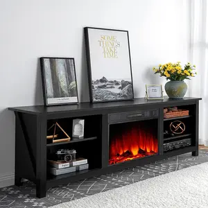 VanAcc Fireplace TV Stand, Wood Texture Entertainment Center with 23'' Electric Fireplace, Farmhouse Entertainment Stand Media TV Console for TVs Up to 80'', 70 inches, Black