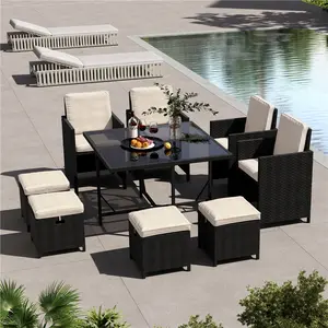 【Mother's Day Gift】Yaheetech 9-Piece Patio Dining Set Outdoor Space Saving Rattan Chairs with Glass Table & Ottomans, Wicker Furniture Set with Removeable Cushions, 3 Packages Delivery