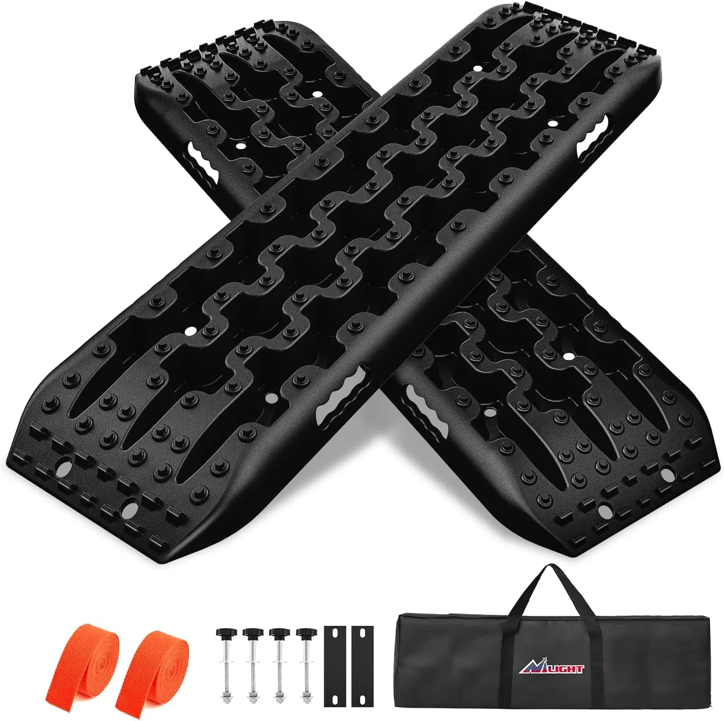 Nilight Recovery Off-road Traction Boards Tire Ladder Mats For 4WD 4X4 Mud Sand Snow with 2PCS Mounting kit Zipper Bag 2 leashes (Black), Nylon, 10-Ton Load