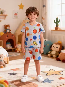 Boys' 2-Piece Short Set Sleepwear, Basketball Cartoon Print, Casual Comfortable Home Wear, Fitted Style, Silhouette H-Type