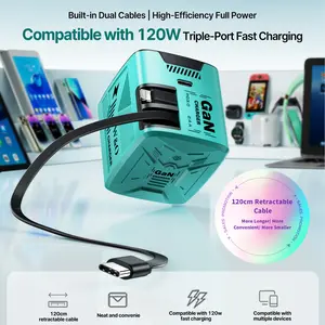 W&O 3-in-1 GaN Charger | Compatible with 120W Super Fast Charging | Retractable Dual Cables (Lightning + USB-C) & Extra USB-C Port | Foldable Wall Plug | Multi-Device Universal Travel Power Adapter