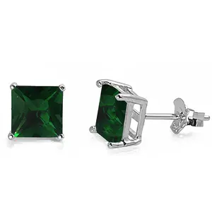 925 Sterling Silver Stud Earrings Emerald CZ Princess Cut (5mm)