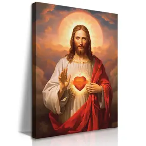 Sacred Heart Of Jesus Framed Canvas Wall Art Modern Religious Spiritual Catholic Home Decor for Living Room Bedroom Prayer Corner Faith Blessing Gift Ready to Hang summerwins