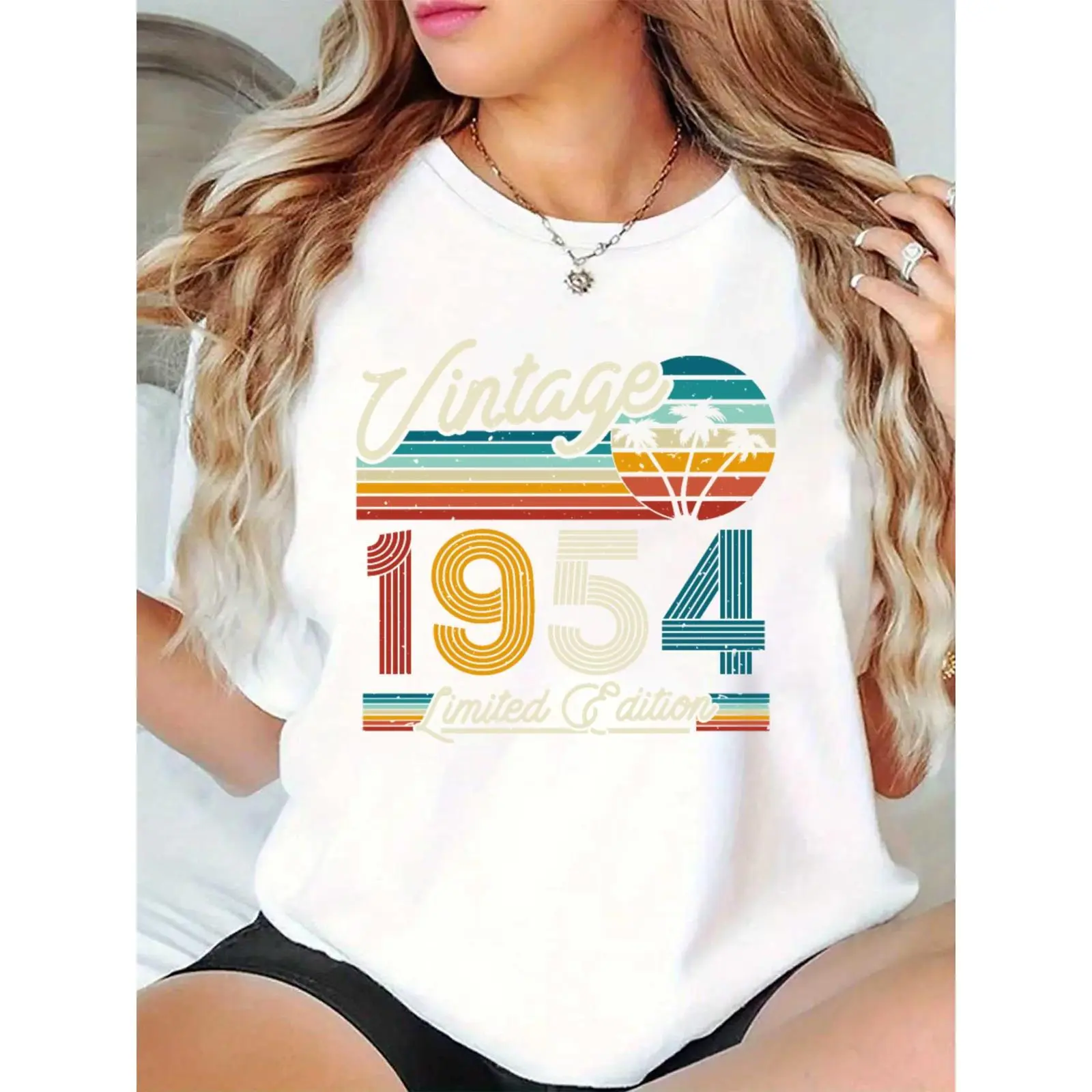 Ladies' 100% Cotton Vintage Graphic Short-Sleeve Tee Top, 1954 Prints, Round Neck, Regular Fit, Comfortable Essential Basic for Daily Wear