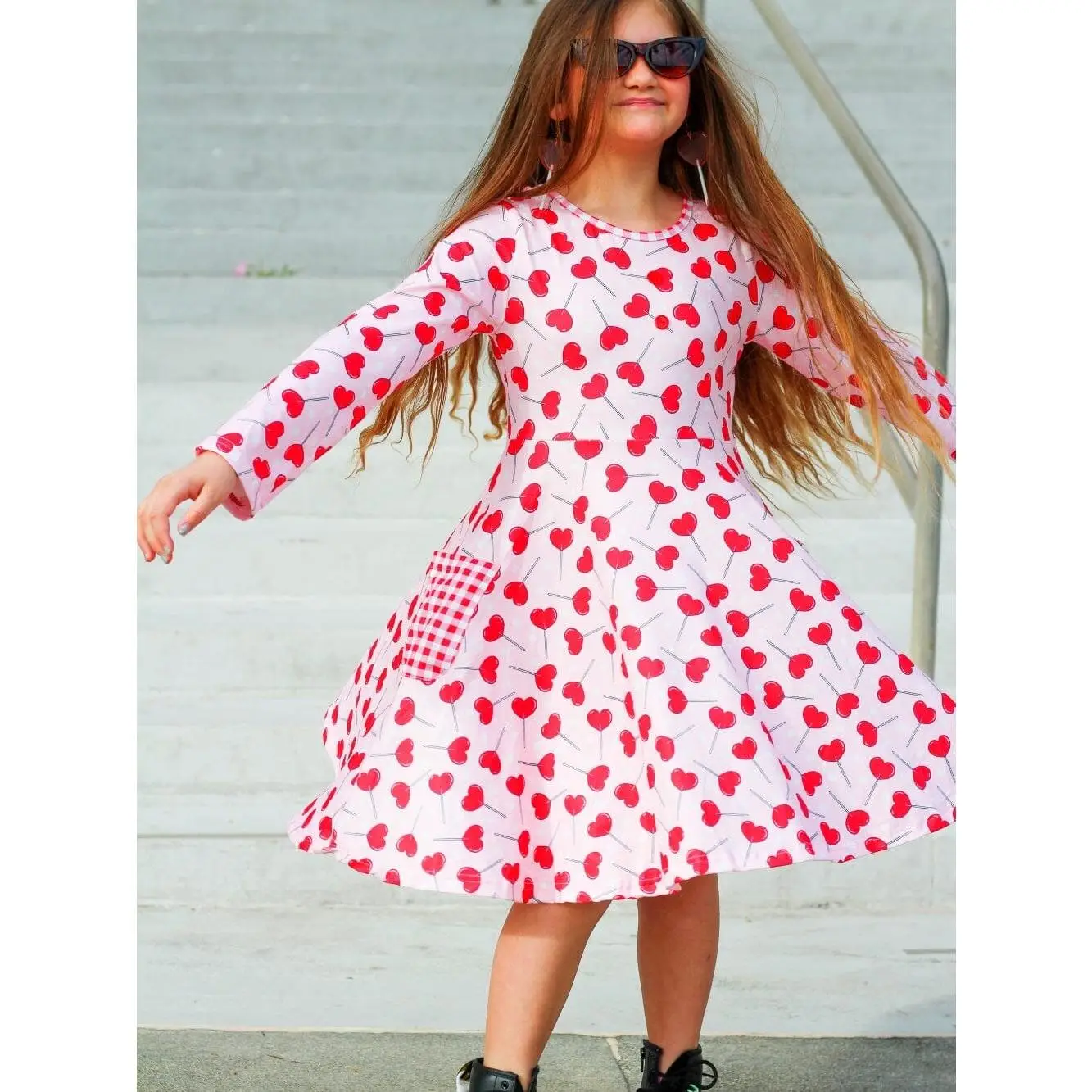 Heart Sucker For You Gingham Pocket Pink Girls or Toddler Size Long Sleeve Pink & Red Valentine's Day Skater Style Dress