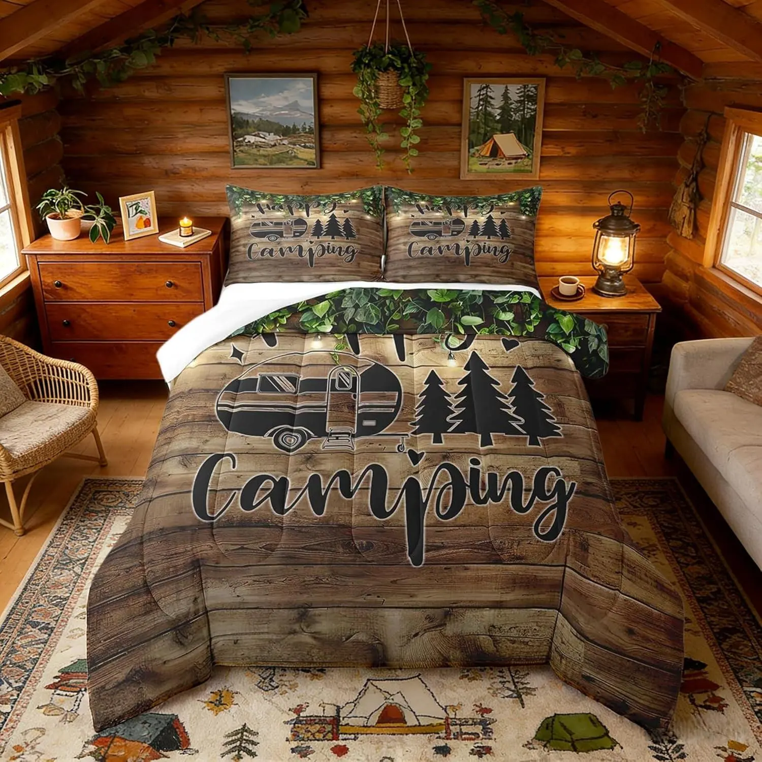 Happy Camping Bed Comforter Set,RV/Trailer Camper Super Soft Microfiber Bedding,Brown Wooden Barn Door Decorative Quilter