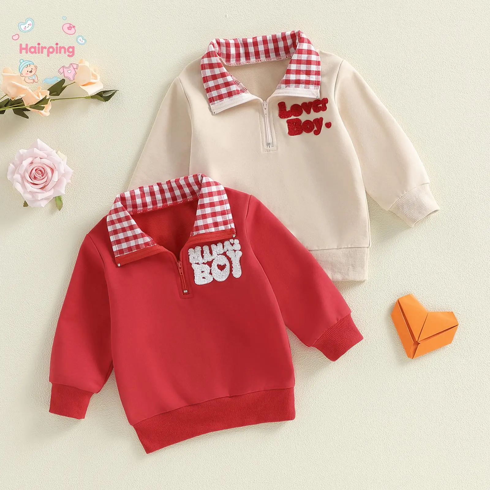 Toddler Baby Boy Valentine's Day Comfy Design Fashion Sweatshirt - Plaid Collared, Long Sleeve, Letter Print Graphic Pullover for Spring, Comfy Pullover, Design Pullover