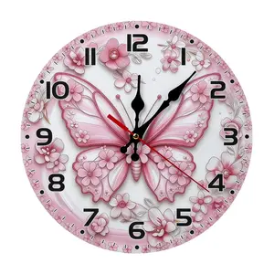 Butterfly-Shaped Wood Wall Clock - Flat Design, Blush Pink Romantic Floral, Silent Sweep Movement, Battery Not Included, Ideal for Girls' Bedroom, Classic Room Decor, Shabby Chic Style