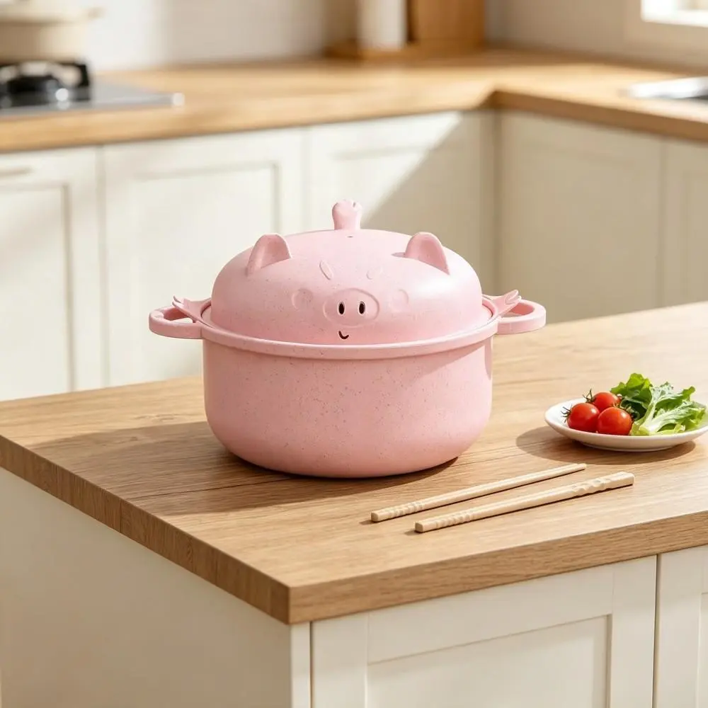 Compact Stackable Wheat Straw Noodle Tableware Kit, Insulated Drain Cover Cooker with Complete Dining Utensils(Pig-Pink）