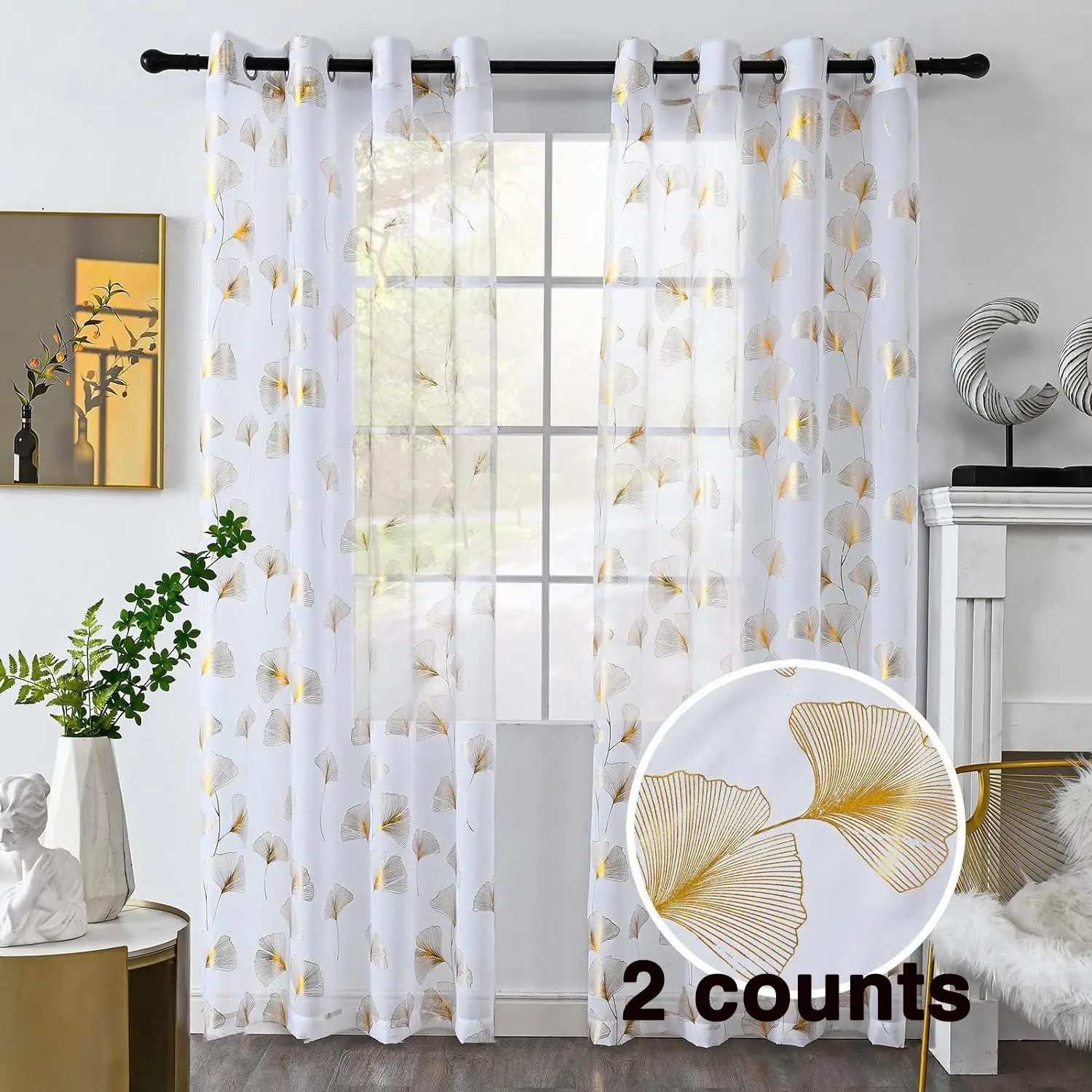 Leaf Print Sheer Curtains, 2 Counts/set Foil Print Voile Sheer Curtain, Grommet Top Window Drapes, Luxury Metallic Bronzing Window Treatment Panels fo