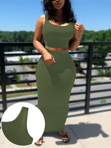 2 Piece Set Sexy Sporty Slim Fit Knit, Crop Tank Top + High Waist Skirt, Stretch Breathable, Street Style, Beach Vacation, Date Party