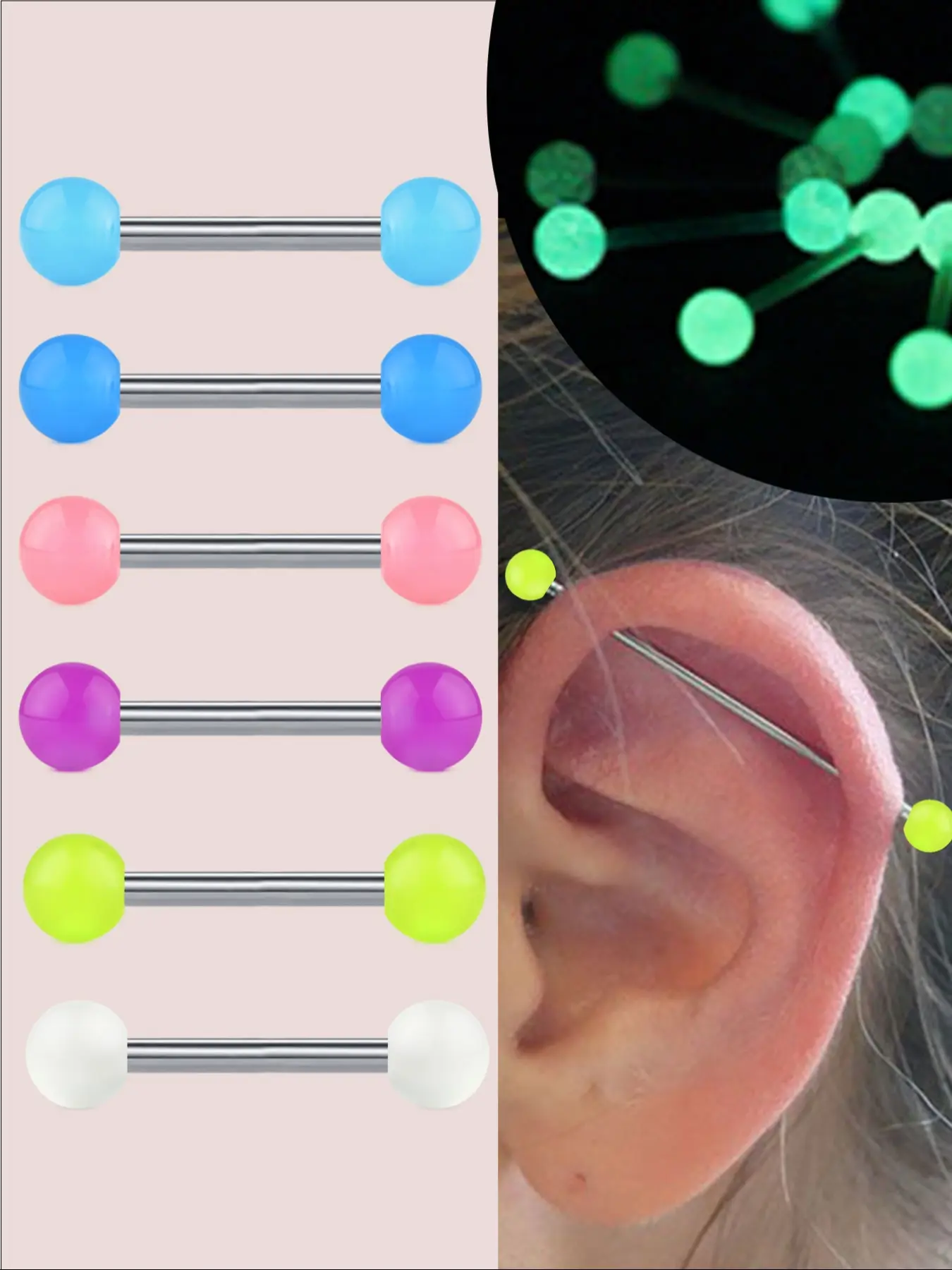 14g Stainless Steel Luminous Belly Button Ring Set, 12-18mm Industrial Bar, Versatile Body Piercing Jewelry, Unisex Design