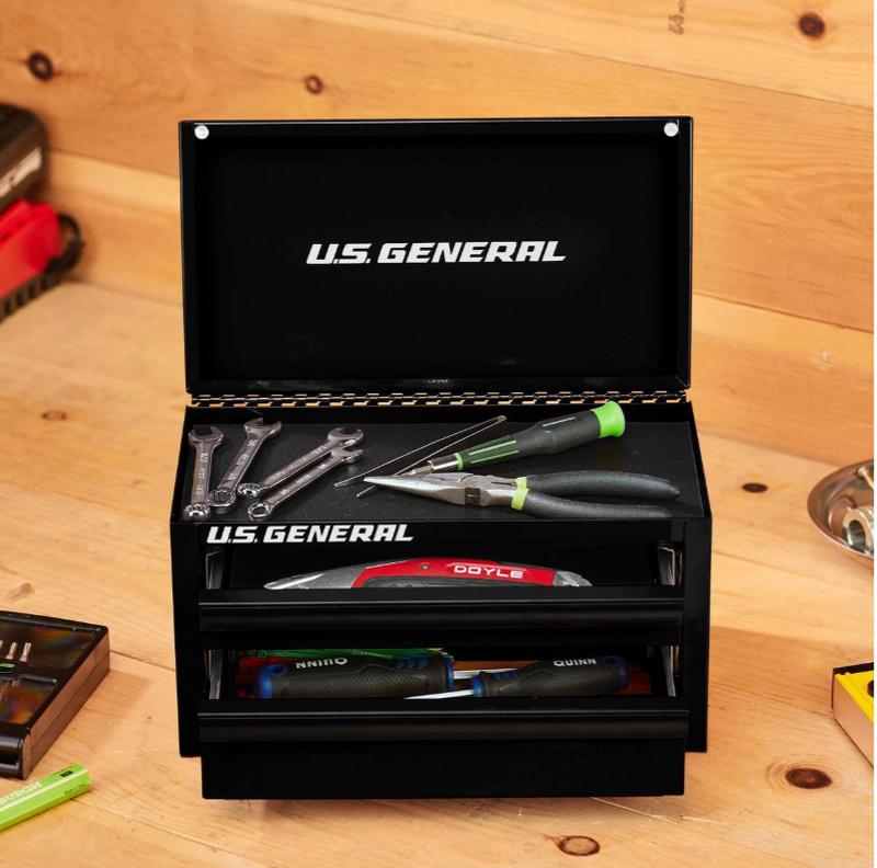 U.S. GENERAL Mini Steel Toolbox, Black, 10 lb. Total Capacity, Durable Ball Bearing Drawer Slides, Magnetic Drawer Locking, 6 in. x 6 in. x 11 in.