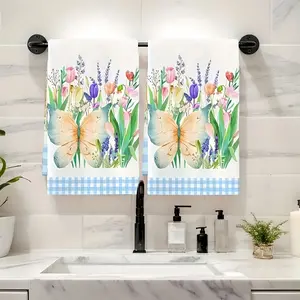 2pcs 23.6x15.7 In Cleaning Cloth 2pcs Kitchen Towel Butterfly Tulip Pattern Kitchen Towel Gift For Family And Friends Super Absorbent Kitchen Dish Cloth Tableware Drying Towel Cleaning Cloth Machine Washable