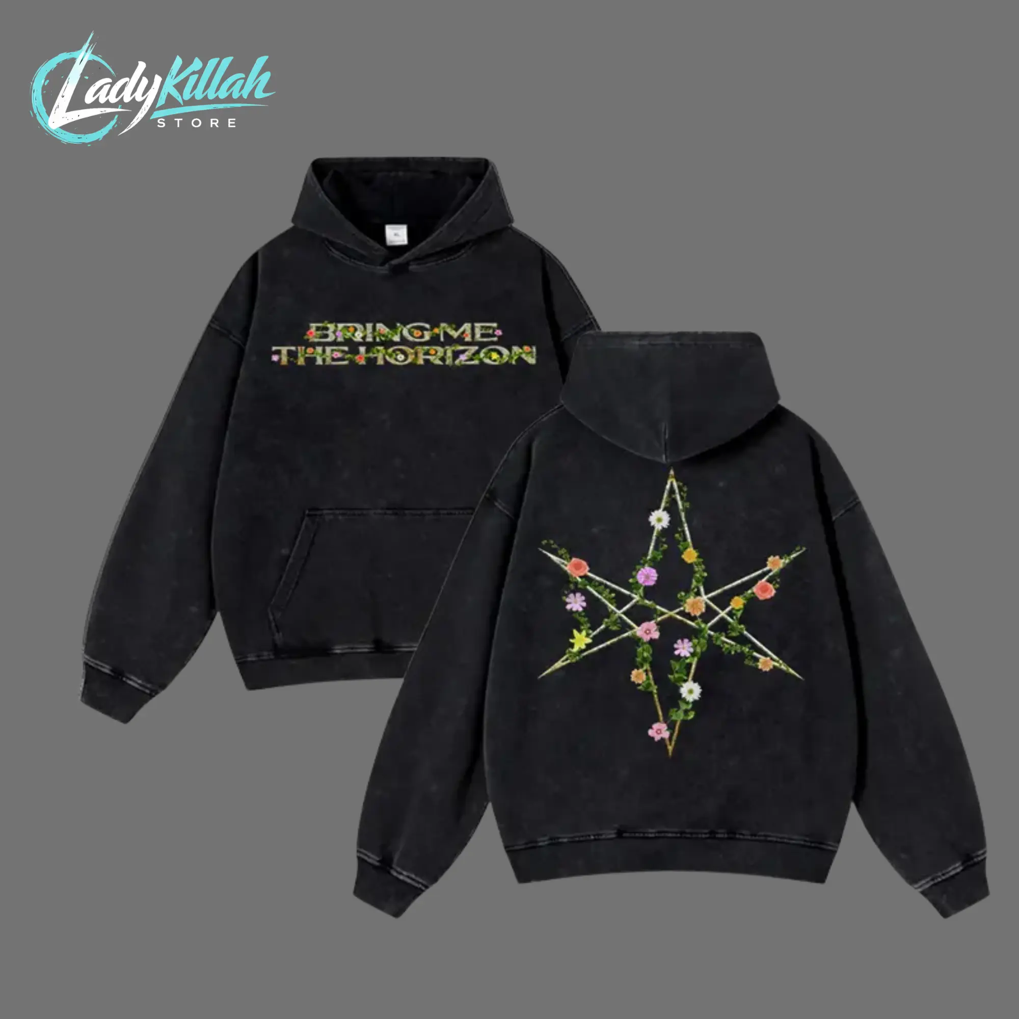 [LadyKillahStore] #13 Bring Me the Horizon Floral Hex Retro Unisex Acid Washed T-Shirt, POST HUMAN project Washed T-Shirt, Bring Me the Horizon 2026 Tour, Metalcore Vibes Shirt, Alternative Streetwear Essential for Rock Lovers