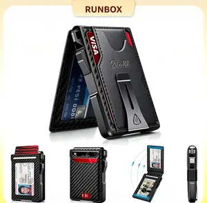 [FATHER'S DAY]RUNBOXCarbon Fiber Minimalist Pop-Up Wallet for MenUltra Slim RFID Blocking Bifold Card Holder with Dual ID Windows & Metal Money Clip, Holds 8-12 Cards, Front Pocket Friendly Credit Card Case