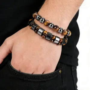 2pcs Natural Tiger Eye Bracelet Set for Men Women, Abundance and Prosperity Attract Wealth, Protection Jewelry Gift for Husband Boyfriend, Adjustable Bracelet Daily Wear Gift for Him, fathers day gift