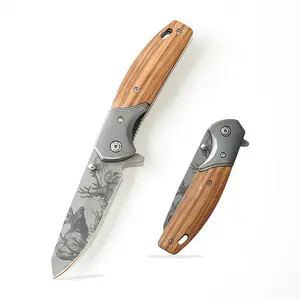 Kitchen knife remium Wood Handle Folding Pocket Knife with Deer Engraving - Stainless Steel Blade for Camping, Hiking  - Unique Gift for Men