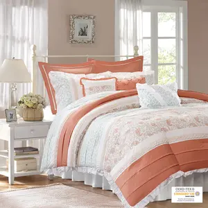 9 Piece Cotton Shabby Chic Comforter Set-Modern Cottage Design All Season Down Alternative Bedding, Matching Shams, Bedskirt, Decorative Pillows