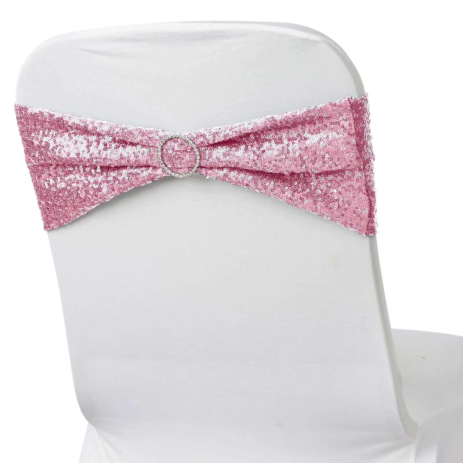 5-Pack Pink Sequin Spandex Chair Sashes (6"x15") - Stretch Elastic Fabric Bands, Decoration Covers Dining Chair Slipcovers for Banquets Events, Dry Clean Only, Wedding Party