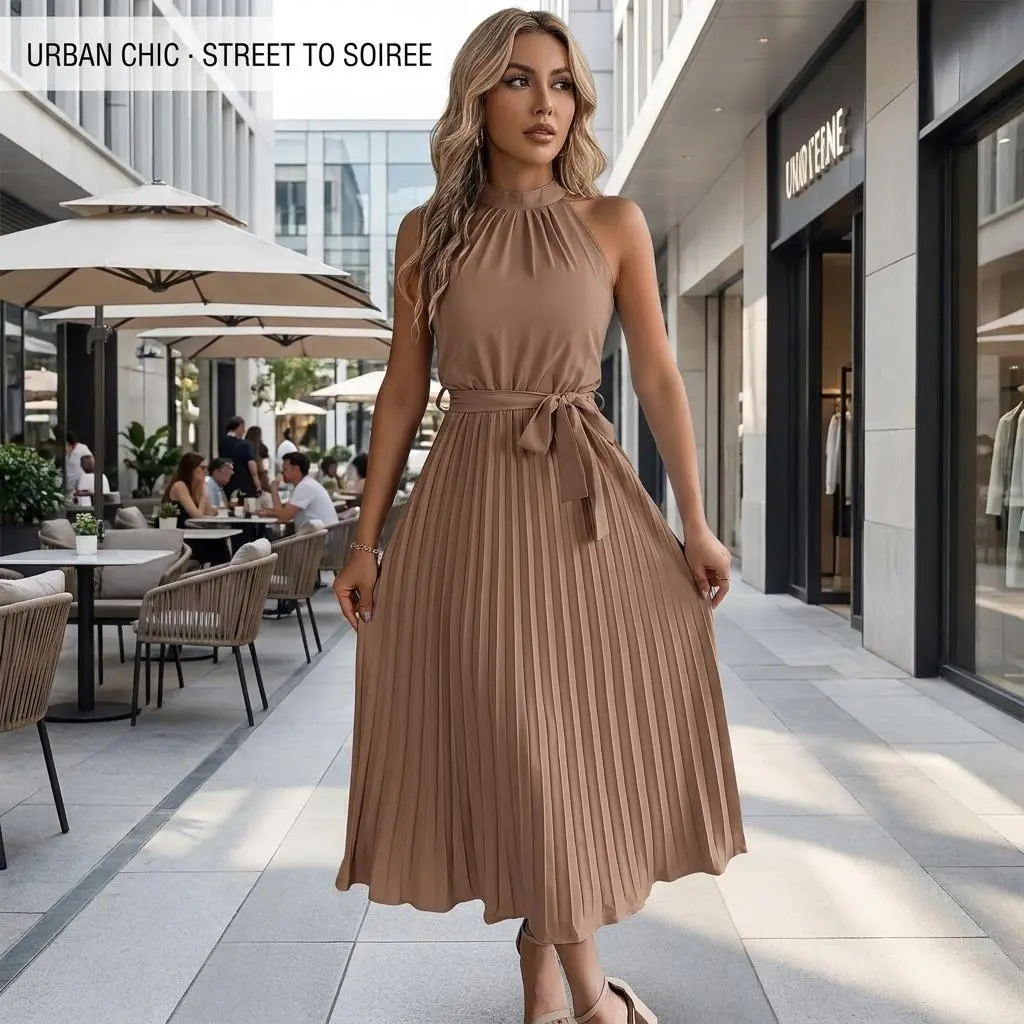 Yesfashion Women's Stand Collar Sleeveless Pleated Stretchy Midi  - Adjustable Waist Tie, Slim Fit, Solid Color, 95% Polyester 5% Elastane, Lightweight Fabric, Skirt-Inspired, Feminine  Style, for Everyday Casual Wear, Summer Vacation party lt k workwear