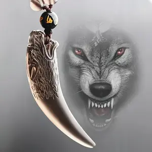 Obsidian Wolf Tooth Pendant Necklace, Healing Crystal Stone Amulet for Men,Women