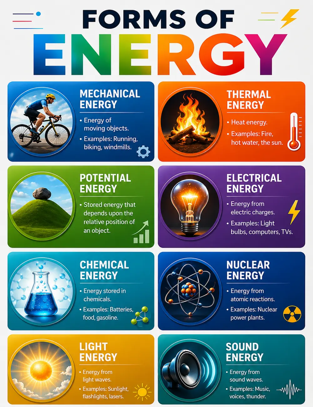 Forms of Energy Poster, Types of Energy Wall Art, Science Classroom Decor, Mechanical Thermal Potential Electrical Chemical Nuclear Light Sound Energy Chart, Physics Educational Poster, STEM Learning Wall Decor, Teacher Classroom Artwork, School Study