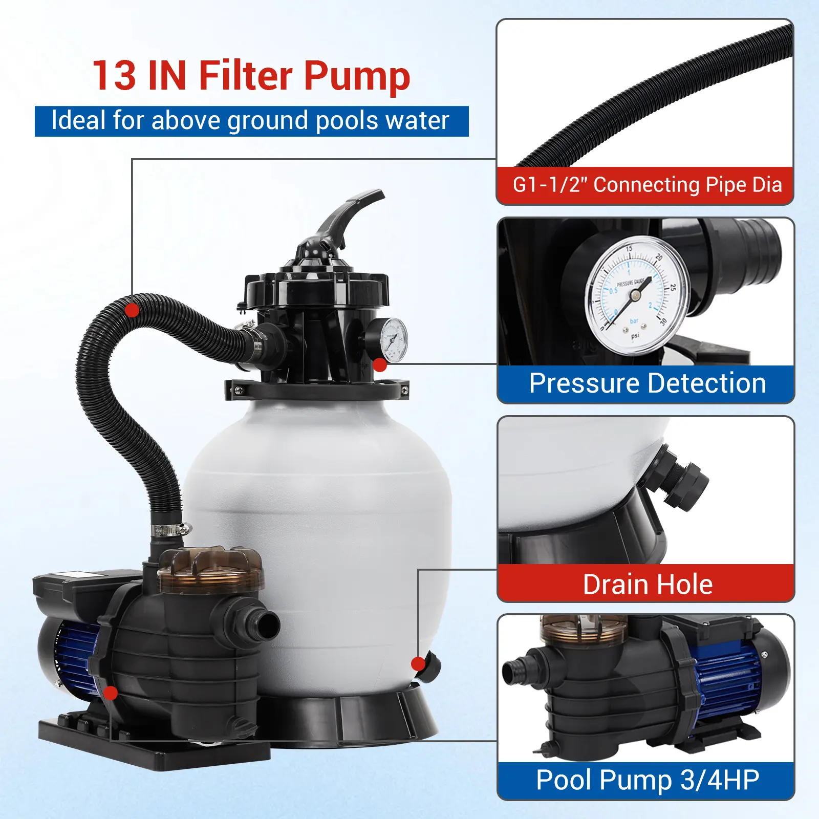 High-Efficiency Pool Sand Filter Pump System – 13" Sand Filter Pump - 2Lb Filter Ball, 3434GPH 3/4HP Pool Sand Filter for Above Ground and Inground Pool Up to 8500 Gallons,with 6-Way Multi-Port Valve & Strainer Basket Easy Installation
