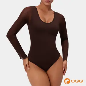 OQQfitness Womenswear Long Sleeve Polka Dots Sexy Bodysuit U Neck Stretch Basic Sheer Dobby See Through Mesh Minimalist Top for Party Outfit