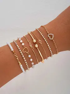 Women's Faux Pearl & Hollow Out Heart Design Bracelets, Open Bangle Bracelet, Simple Design Beaded Bracelet, Party, Daily Clothing Decor, Birthday Gift, Elegant Jewelry Bracelet