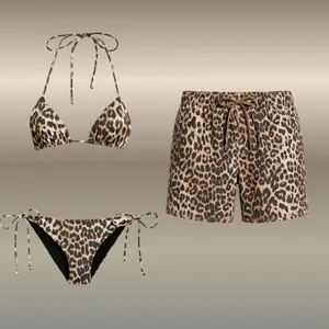 Sexy Leopard Couple Swimsuit Set, String Bikini Top and Bottom with Men’s Casual Swim Shorts for Beachwear