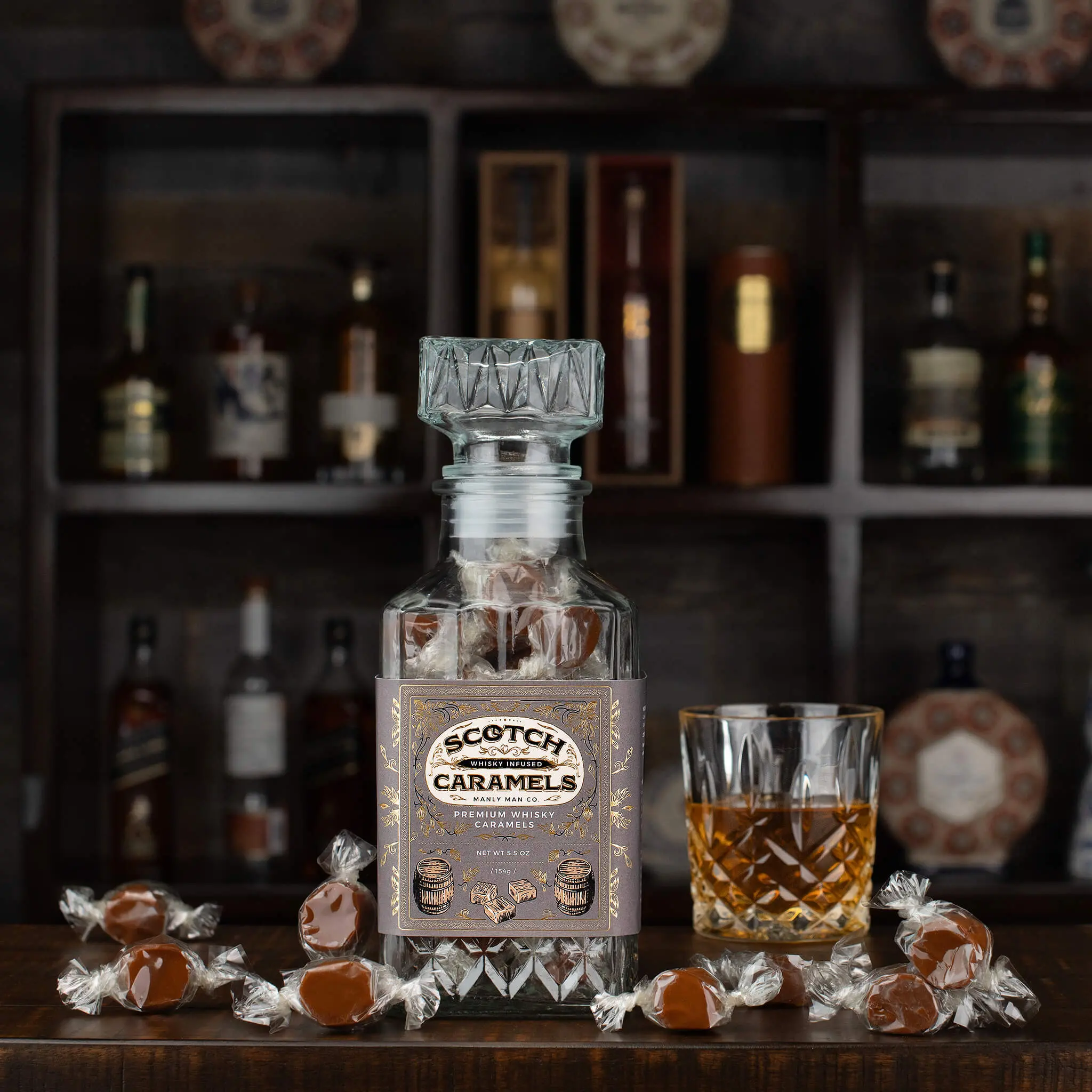 Premium Whiskey Caramel Decanter Set - Glass Gift set with Reusable Decanter Bottle to Hold Liquid.