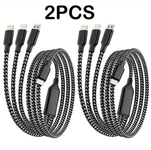 2 Pack 3 in 1 Fast Charging Cable,4FT Nylon Braided Multi Charger Cord for iPhone USB C Micro Android