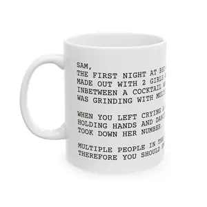 Sam the First Night at Bed Ceramic Mug - Jersey Shore Letter, Funny Coffee Cup, Tea Lover Gift, Novelty Drinkware, Unique Kitchen Decor