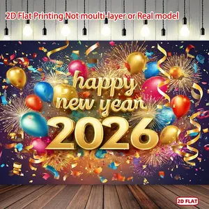 2026 New Year Party Banner Backdrop, 1pc 2D Flat Vibrant Polyester Decor with Golden Balloons & "Happy" Text, 51.46m Photography Decor for New Year Celebrations,summerwins