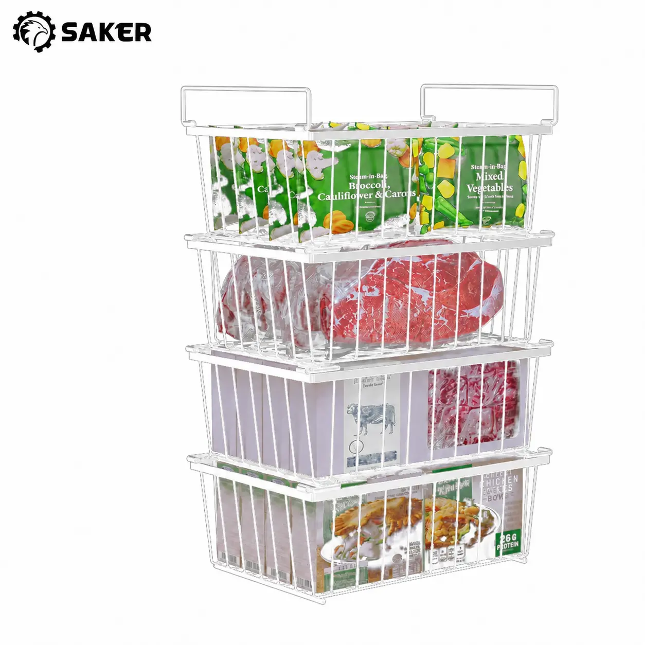 Saker Large-Capacity Stackable Storage Baskets (Set of 4 with Handles) - Heavy-Duty Rust-Resistant Freezer Organizer for Bulk Frozen Meat, Pre-Made Meals; Fits Home Deep Freezers, Garage Shelves Bin Household