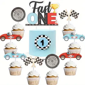 25 Pcs Race Car Birthday Cake Topper Cupcake Toppers, Racing Car Birthday Cake Decorations for Vintage Fast One Retro Race Car Racing Party