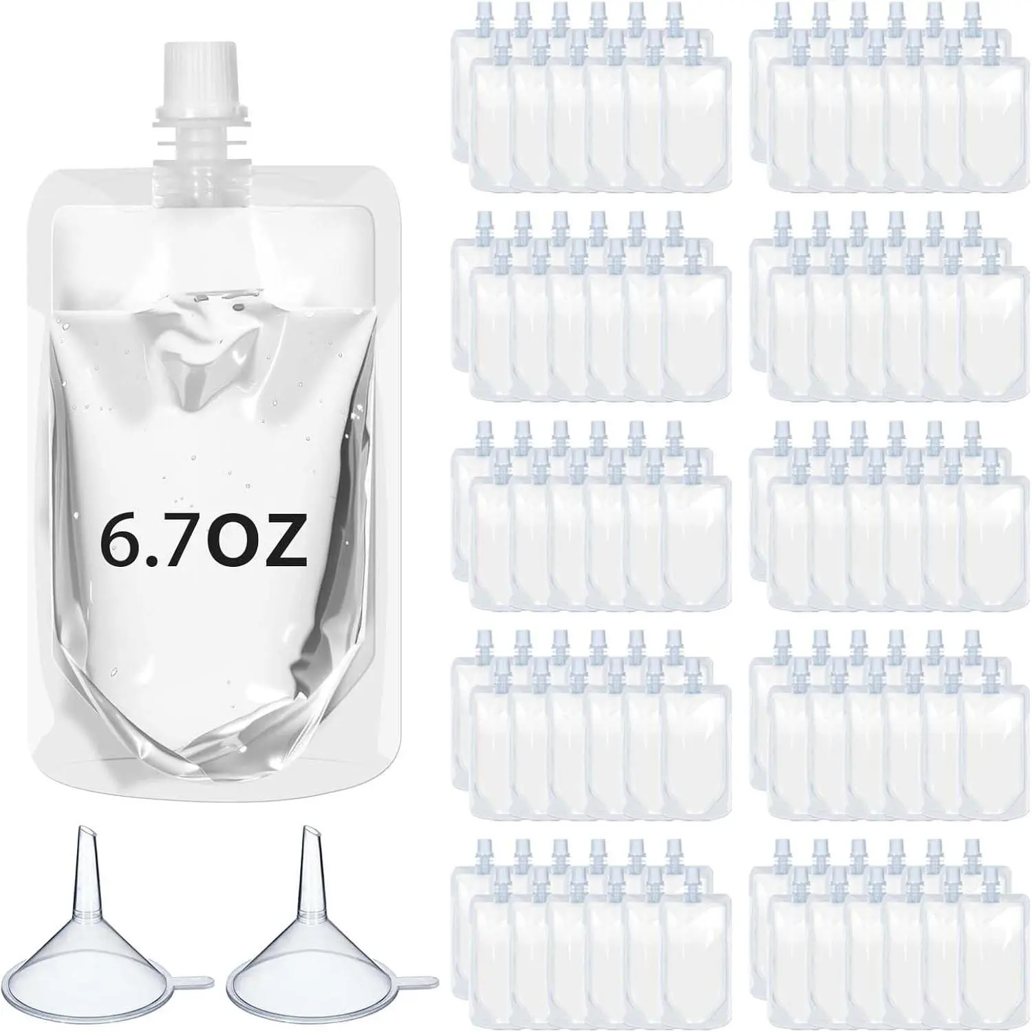 100 count Plastic Pouches Bulk  Squeeze Pouches Clear Plastic Juice Leak Proof Bags with Funnel for Party Favors Supplies(6.7 oz,Straight Mouth)