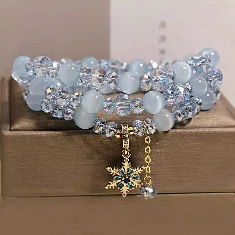 Icy Blue Cat Eye Stone Snowflake Charm Double-Layer Beaded Bracelet for Women