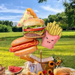 4-Piece Cartoon Food-Shaped Aluminum Foil Balloon Set, Including Hamburger, Pizza, Hot Dog, and Cartoon French Fry Box (Pink Smiley Design); Realistic Food-Themed Birthday Party Decorations Suitable for Outdoor Picnics, Birthday Parties,