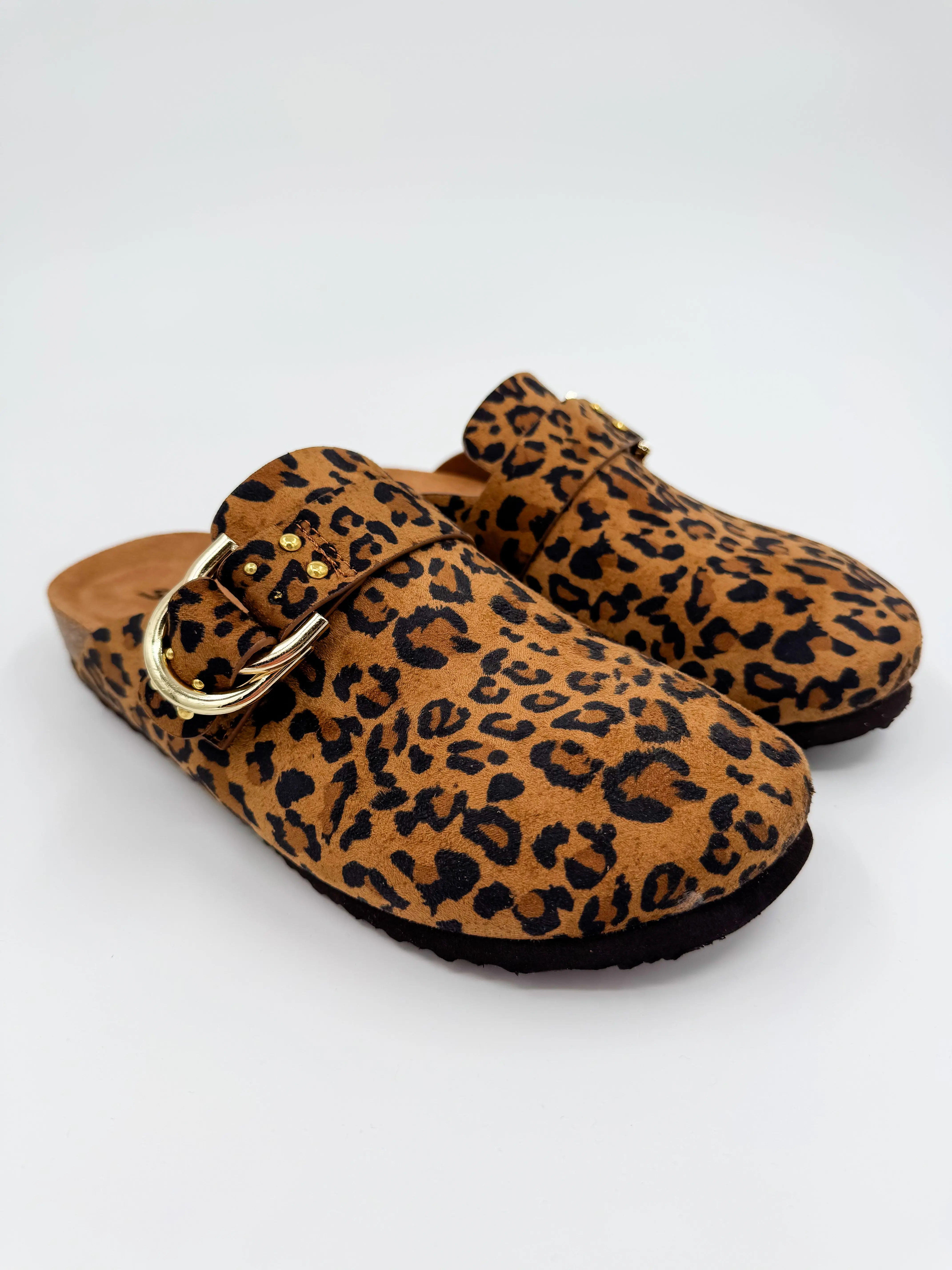 Women's Leopard Animal Print Faux Suede Clogs - Wide-Fit Casual Shoes with Gold Buckle Stud Decor, Women's Footwear, Slip On, Wide Feet
