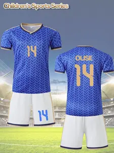 2-piece quick-drying soccer set for children and boys with blue leaf pattern, gold number 14, and name OLISE, including a soccer jersey and moisture-wicking sweatpants, suitable for training, competitions, and outdoor activities.