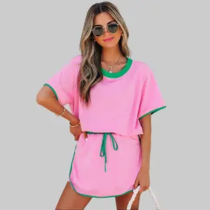 Women's Colorblock Trim Drop Shoulder T-Shirt & Skirt 2Pcs Set Chic Skort Set Summer Outfit for Womenswear Clothes