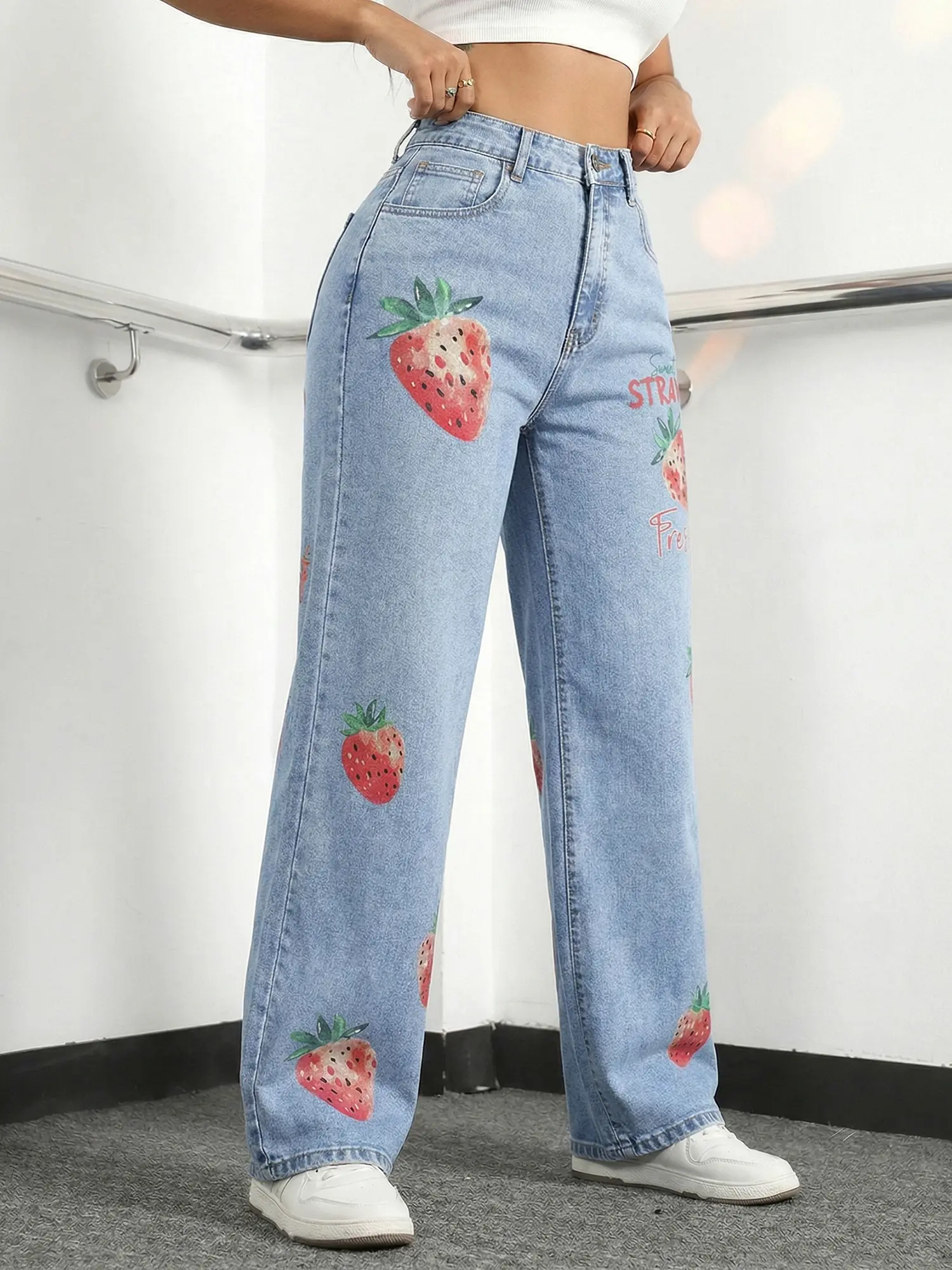 JR JEANIUS WEAR Women's Watercolor Strawberry Print Jeans, High Waist Wide Leg Streetwear Bottoms in Soft Stretch Denim, Everyday, Pants, Loose, Printed, Smooth, Oversized, Trouser, Piece