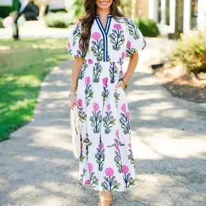 Women’s Summer Floral Print V-Neck Beach Skirt Fluffy Short-Sleeved High-Waisted Plus Size Dress with Pockets GARMENTARY